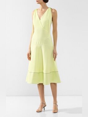 PROENZA SCHOULER White Label Plunging Shoulder Tie V-Neck Midi Dress Celery Sz 8